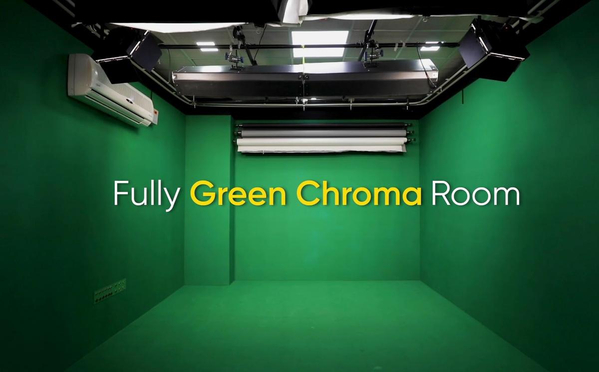 Content Studio green screen room — professional chroma key shoot with full lighting, Gurugram